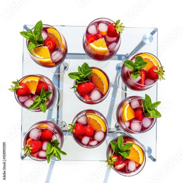 Fototapeta Overhead summer party scene with glasses of chilled sangria, fresh strawberry, mint sprigs, orange wedges and ice. Bright daylight, reflective glass table surface copy