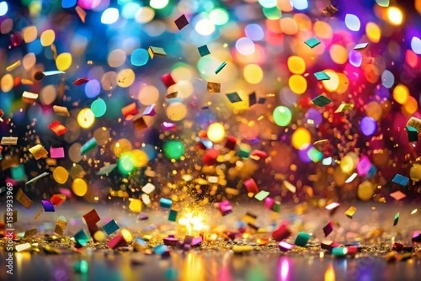Fototapeta A vibrant explosion of colorful confetti and sparkling bokeh lights creates a dynamic and festive background for a celebratory event