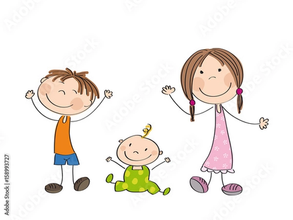 Obraz Happy kids - original hand drawn illustration of three happy children - boy, girl and little baby