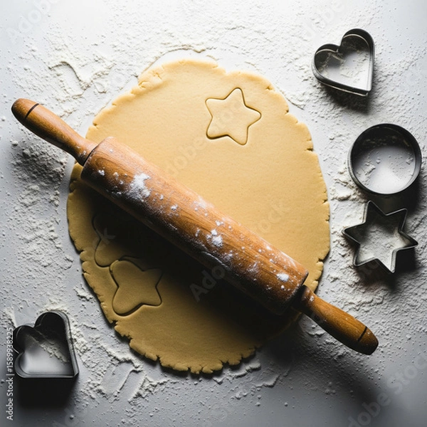 Fototapeta Overhead shot of shortbread dough rolled out on floured surface, vintage rolling pin, cookie cutters, and scattered flour. Soft moody kitchen light copy