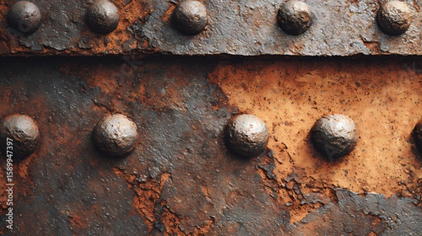 Fototapeta Closeup rusty metal beam with rivets. aged steel beam, corroded surface, abstract pattern. grunge industrial design, weathered texture, old architectural detail. industrial background for. rusted