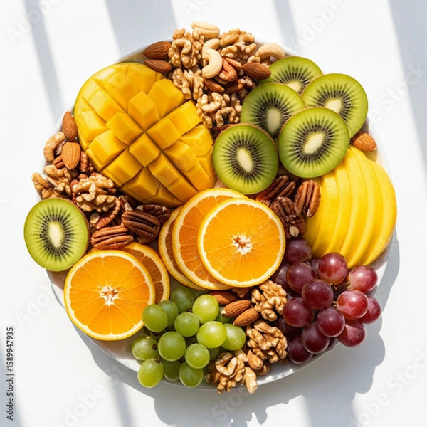 Fototapeta Overhead vibrant fruit platter with sliced mango, kiwi, citrus wedges, grapes and mixed nuts. Bright, diffused natural light copy