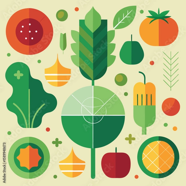 Obraz A vibrant and colorful composition showcasing a diverse range of fruits vegetables and food pattern elements arranged in a modern style