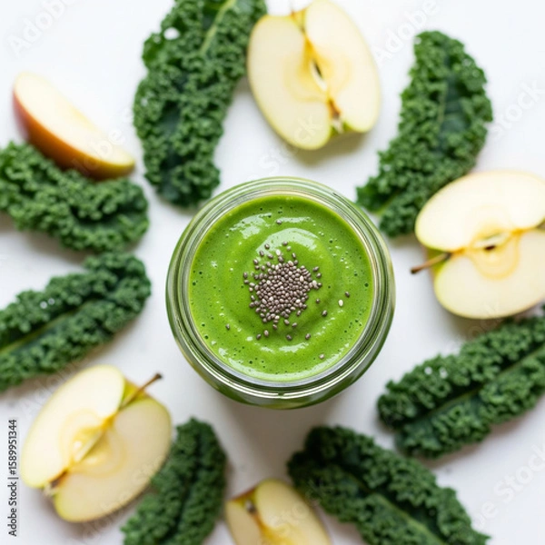 Fototapeta Overhead vibrant green smoothie in glass jar, surrounded by fresh kale and apple slices. Bright daylight and scattered chia seeds copy