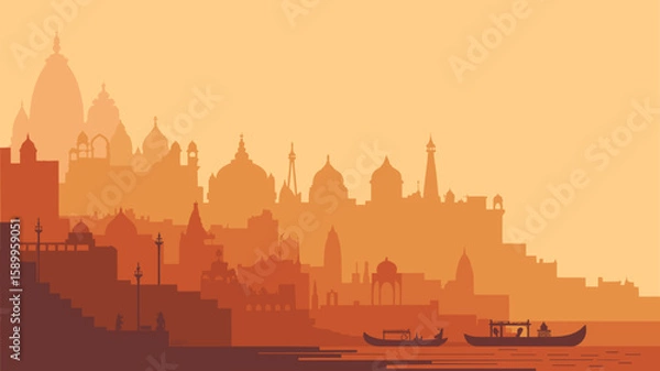 Obraz Varanasi city skyline sihihoute, Banaras city in the shades of orange colour vector illustration 
