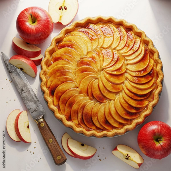 Fototapeta Overhead view of golden apple pie with caramelized top, sliced red apples on the side, and a vintage knife. Warm kitchen daylight copy