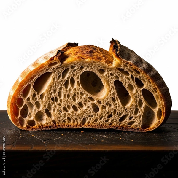 Fototapeta Rustic close-up of halved sourdough loaf on dark textured surface, with visible air pockets and golden crust. Warm side light copy