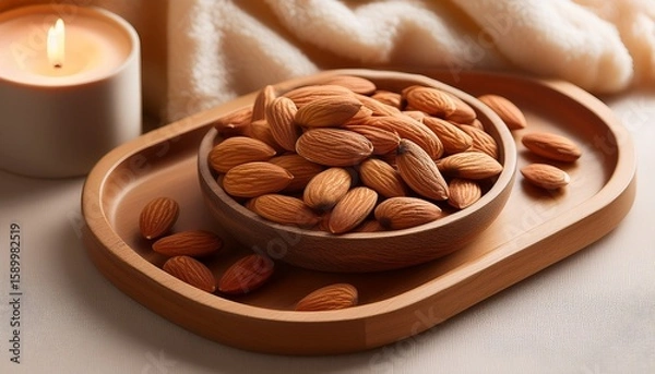 Fototapeta almonds on wooden tray with beige blanket and candle in background