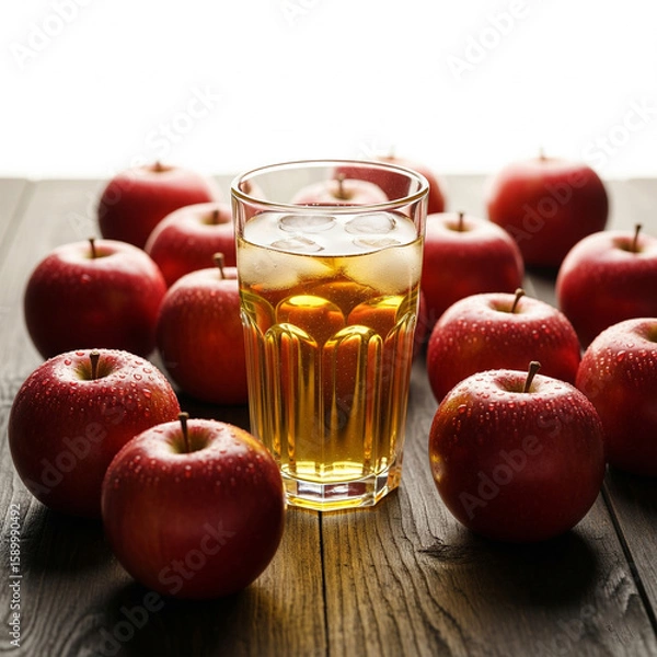 Fototapeta Rustic eye-level shot of a glass of cold apple juice surrounded by fresh red apples on a dark textured wooden table. Soft warm directional light copy