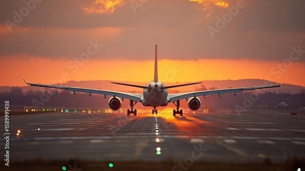 Fototapeta Airplane Landing at Sunset on Runway