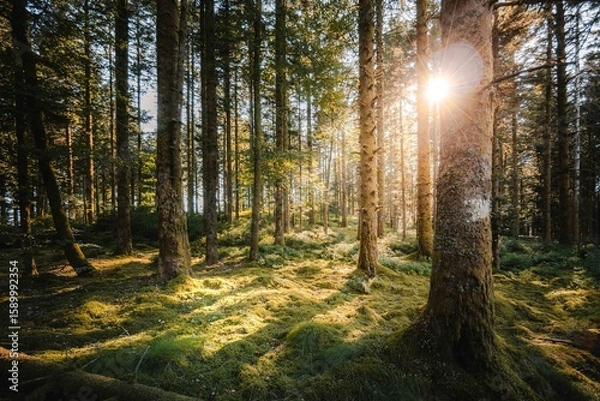 Obraz Lush forest with sun flare. Tall pine trees with green vegetation in summer. Vosges great woods in mountains in France.