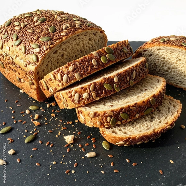 Fototapeta Rustic eye-level capture of seeded bread slices arranged on textured dark surface, sprinkled with flax, pumpkin, and sunflower seeds. Warm daylight with crumbs copy