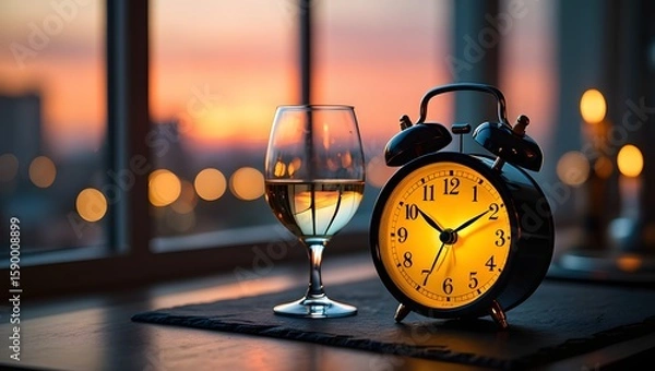 Obraz Wine glass and alarm clock on table with city lights background stock photo images