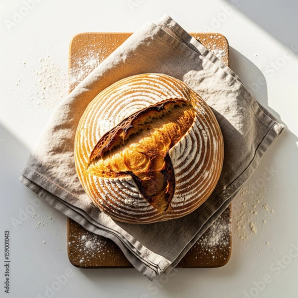 Fototapeta Rustic overhead shot of crusty sourdough loaf on linen cloth, wooden board and scattered flour. Warm side daylight copy