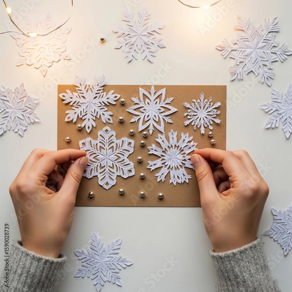 Fototapeta Top-down flatlay of hands arranging delicate white paper snowflakes and silver beads on kraft paper card. Warm ambient lighting, festive mood copy