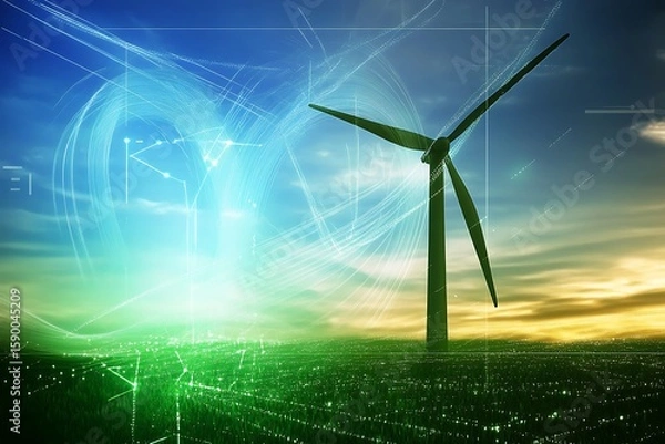 Fototapeta 
Renewable energy design..Digital graphic work on green energy power Production. Windmill and graphic diagram of air currents that produce green energy. Green energy power production it is future.

