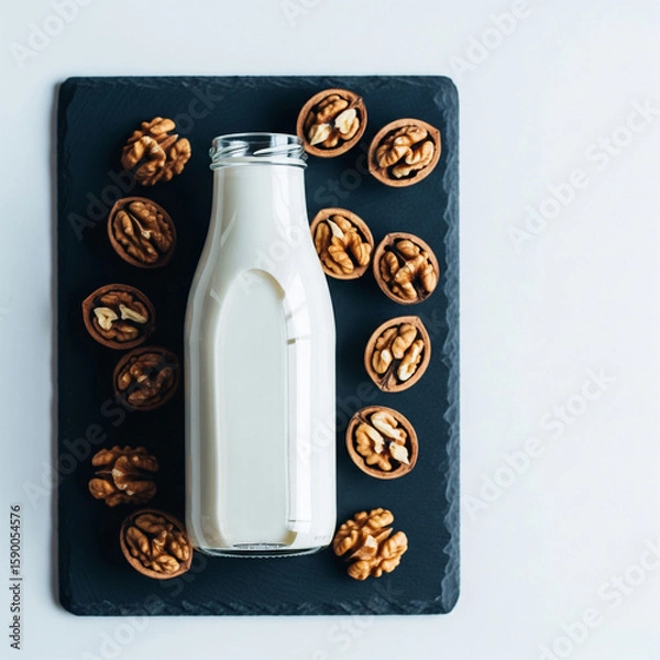 Fototapeta Top-down minimalist shot of a glass bottle of walnut milk surrounded by scattered walnut halves on dark slate surface. Cool-toned light and space for text copy