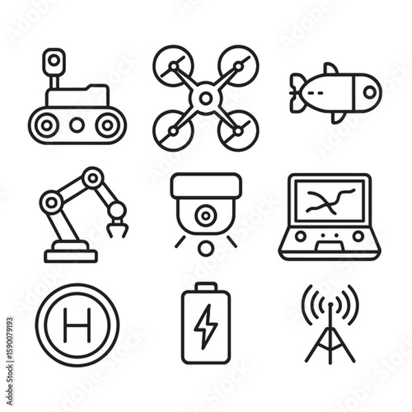 Fototapeta Unmanned Systems Icons. Outline style icons of Unmanned Systems: ground UGV robot, aerial drone quadcopter, underwater UUV,
