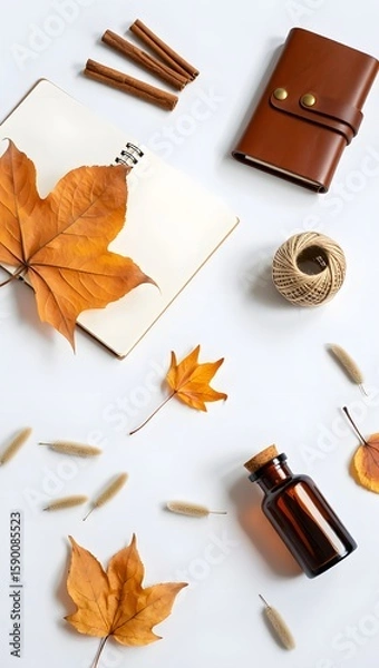 Fototapeta Autumn flat lay with leaves, notebook, cinnamon sticks, and essential oil bottle setup