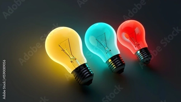 Fototapeta Colorful light bulbs glowing on dark background for creative ideas and innovation