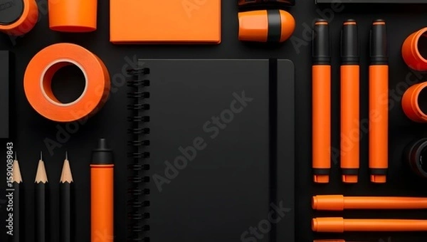 Fototapeta Flat lay of black notebook with orange stationery items for office and school use