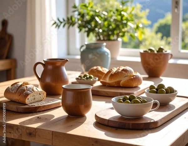 Fototapeta Rustic Breakfast with Olives, Bread and Mate – Latin American Kitchen
