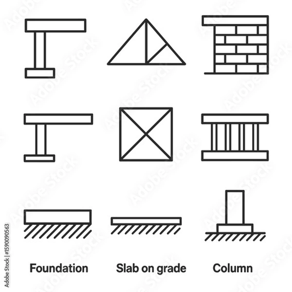 Obraz Structural Elements Icons. Outline style icons of Structural Elements: beam and post, truss outline, load-bearing wall, cantilever