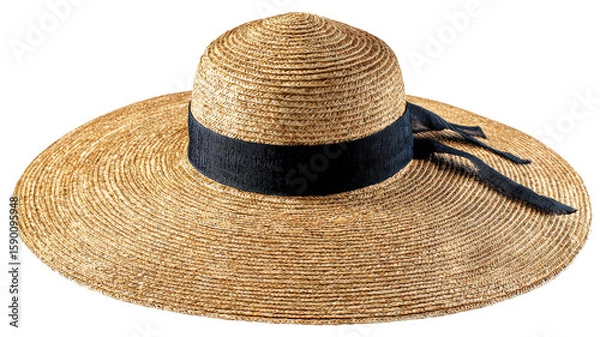 Fototapeta Elegant Straw Sun Hat with Black Ribbon on a Transparent Background for Integration