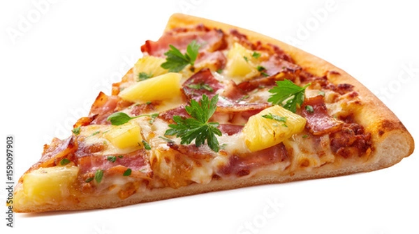 Fototapeta Hawaiian Pizza Slice with Pineapple Ham and Parsley on Transparent Background Delicious Meal
