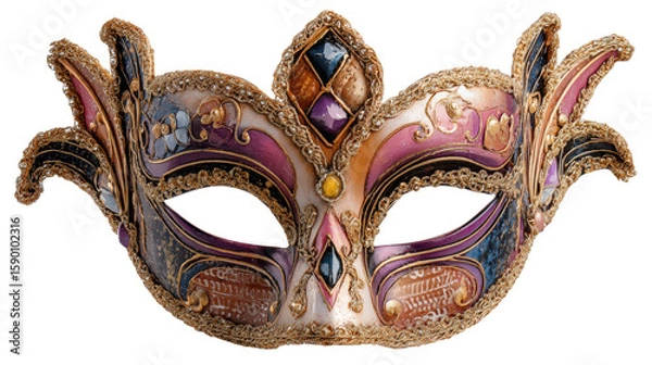 Fototapeta Ornate Venetian Masquerade Mask with Jewels and Gold Detailing on Transparent Backdrop