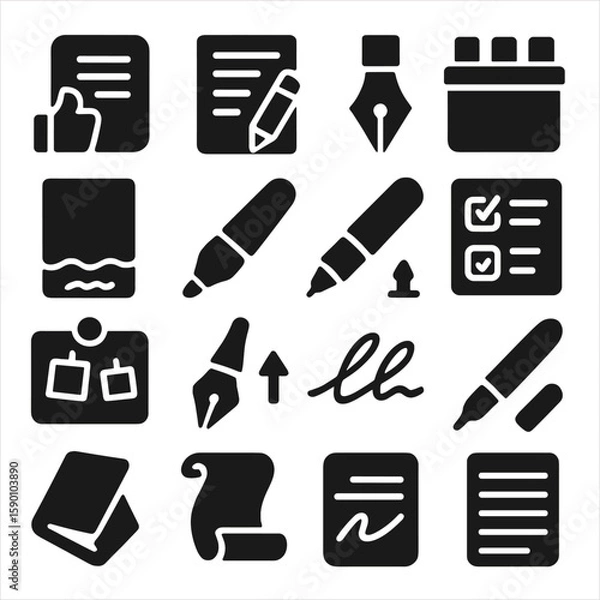 Fototapeta Writing Tools Icons. Solid style icons of writing tools: thumb index notepad, writing lesson sheet, calligraphy nib holder, marker