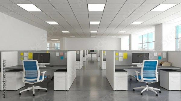 Fototapeta A modern, minimalist office space with white walls and a white drop ceiling featuring rectangular
