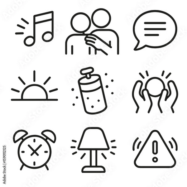 Obraz Gentle Awakening Icons. Outline style icons of Gentle Awakening Icons: soft music icon, touch on shoulder, calm voice bubble,