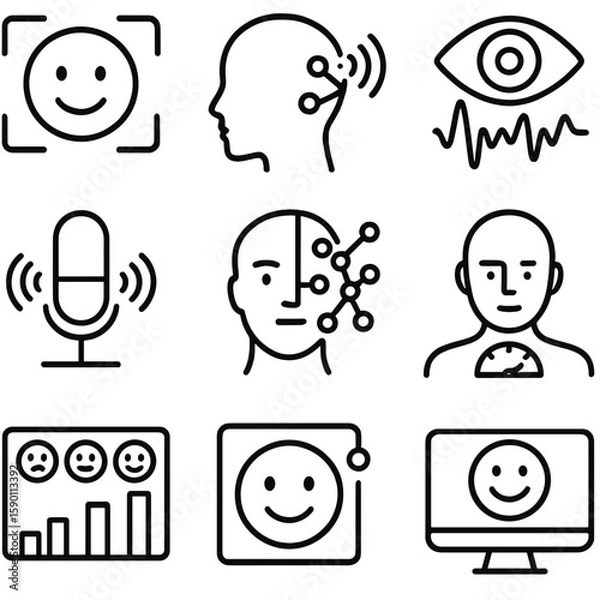 Fototapeta AI Emotion Icons. Outline style icons of Emotion Recognition in AI: smiling recognition face, emotion tracking icon, eye movement