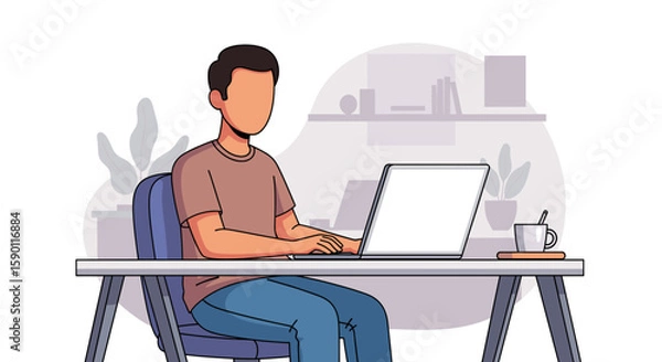 Fototapeta Illustration of a person working on a laptop at a desk, perfect for blogs, websites, or social media posts about remote work, productivity, or freelance life.