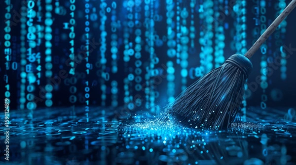 Fototapeta Broom sweeping a glowing trail of blue binary code across a dark surface with a cascade of digits falling in the background, representing data cleaning or cybersecurity.