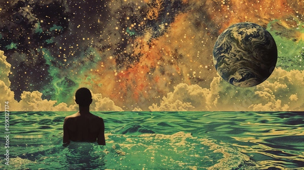 Fototapeta Silhouette of a person standing in calm water looking at a planet Earth suspended in a starry, hazy sky, evoking contemplation, wonder, and the vastness of the universe. Dream scene