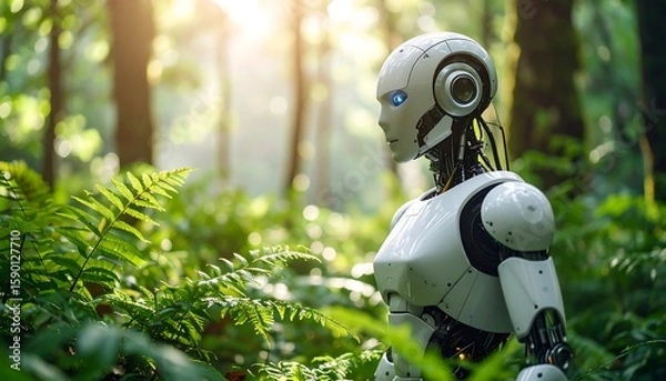 Fototapeta Futuristic robot in a lush forest