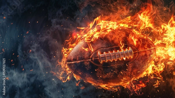 Fototapeta Rugby ball engulfed in dynamic flames and sparks against a dark, smoky background, symbolizing intense competition, power, energy, and the passion of the game.
