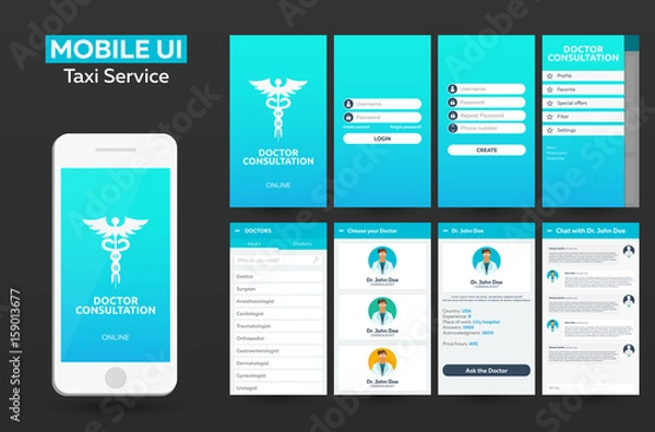 Fototapeta Mobile app Doctor consultation online Material Design UI, UX, GUI. Responsive website.