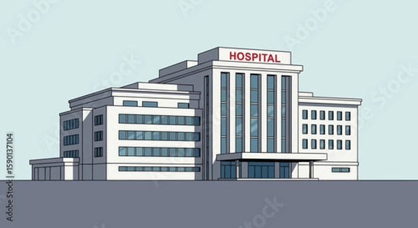 Obraz Illustration of a modern hospital building with multiple floors, large windows, and a sign reading "HOSPITAL" on the roof against a light blue sky.
