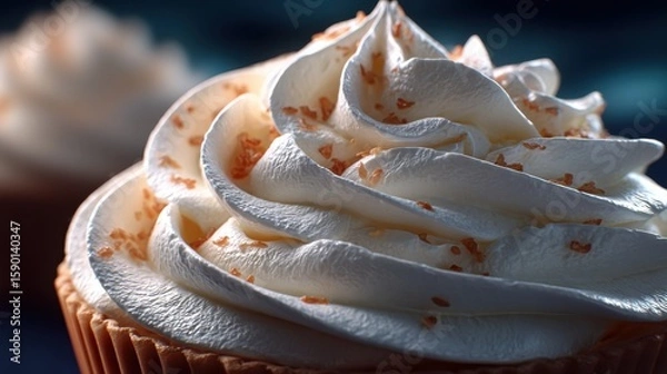 Fototapeta Close-up of a vanilla cupcake with creamy swirls and caramel sprinkles, perfect for dessert promotions.