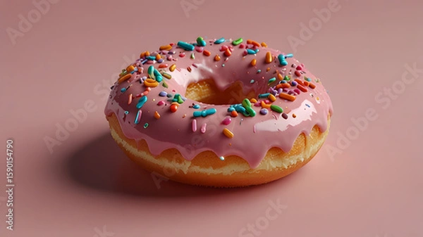 Fototapeta Pink Glazed Donut with Colorful Sprinkles on Soft Background