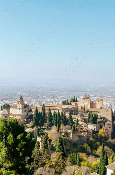 Fototapeta Elevated back view of the Alhambra overlooking the new city, Granada, Spain