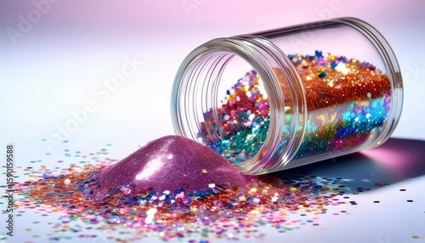 Fototapeta sparkling glitter spills from a clear container in vibrant colors