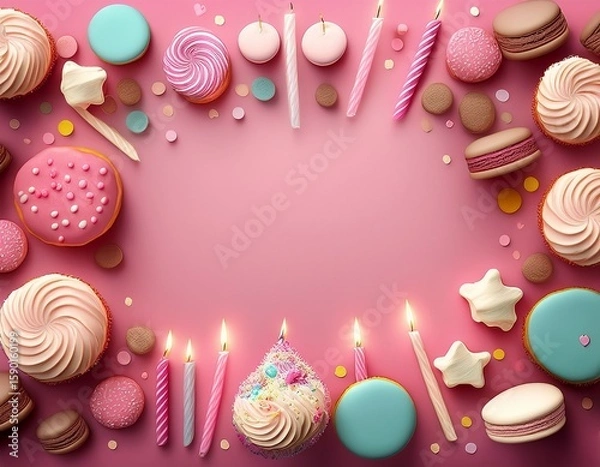 Fototapeta birthday background frame of candles sweets cream donuts and muffins macarons on pink background ai generative copy space for text invitation greeting card mock up