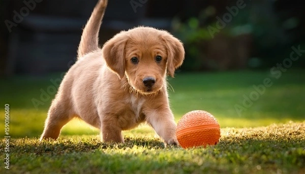 Fototapeta puppy as it engages with a ball toy creating a heartwarming scene