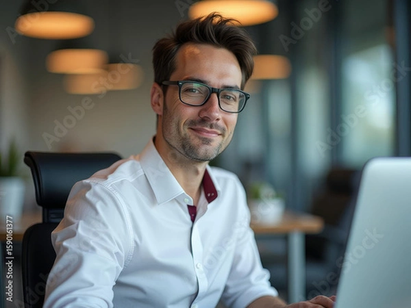 Fototapeta Jeune professionnel souriant dans un bureau moderne et lumineux

