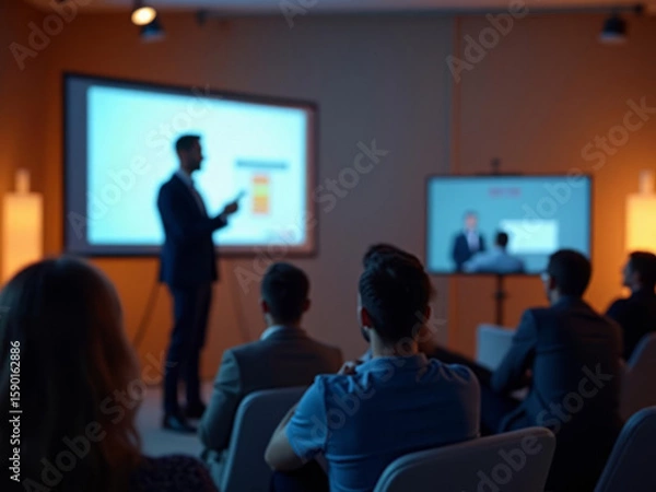 Fototapeta Conférence professionnelle avec présentation visuelle devant un public attentif
