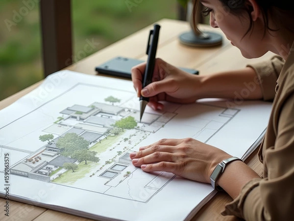 Fototapeta Architecte dessinant un plan détaillé de projet urbain moderne
